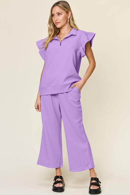 Double Take Texture Ruffle Short Sleeve Top and Pants Set - Selvanelle