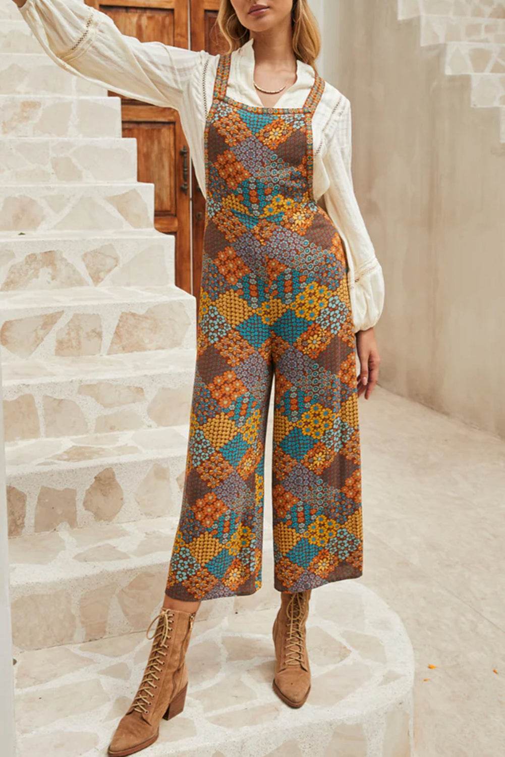 Floral Crisscross Strap Wide Leg Overalls - Selvanelle