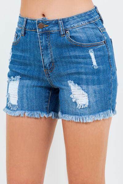 American Bazi High Waist Distressed Frayed Denim Shorts - Selvanelle