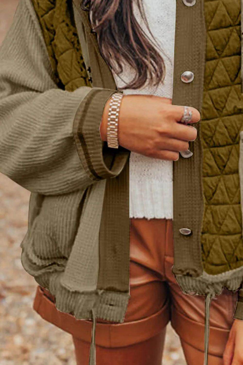 Drawstring Color Block Long Sleeve Jacket for Women Fashion - Selvanelle