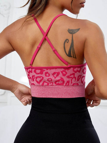 Crisscross Leopard Scoop Neck Active Bra - Selvanelle