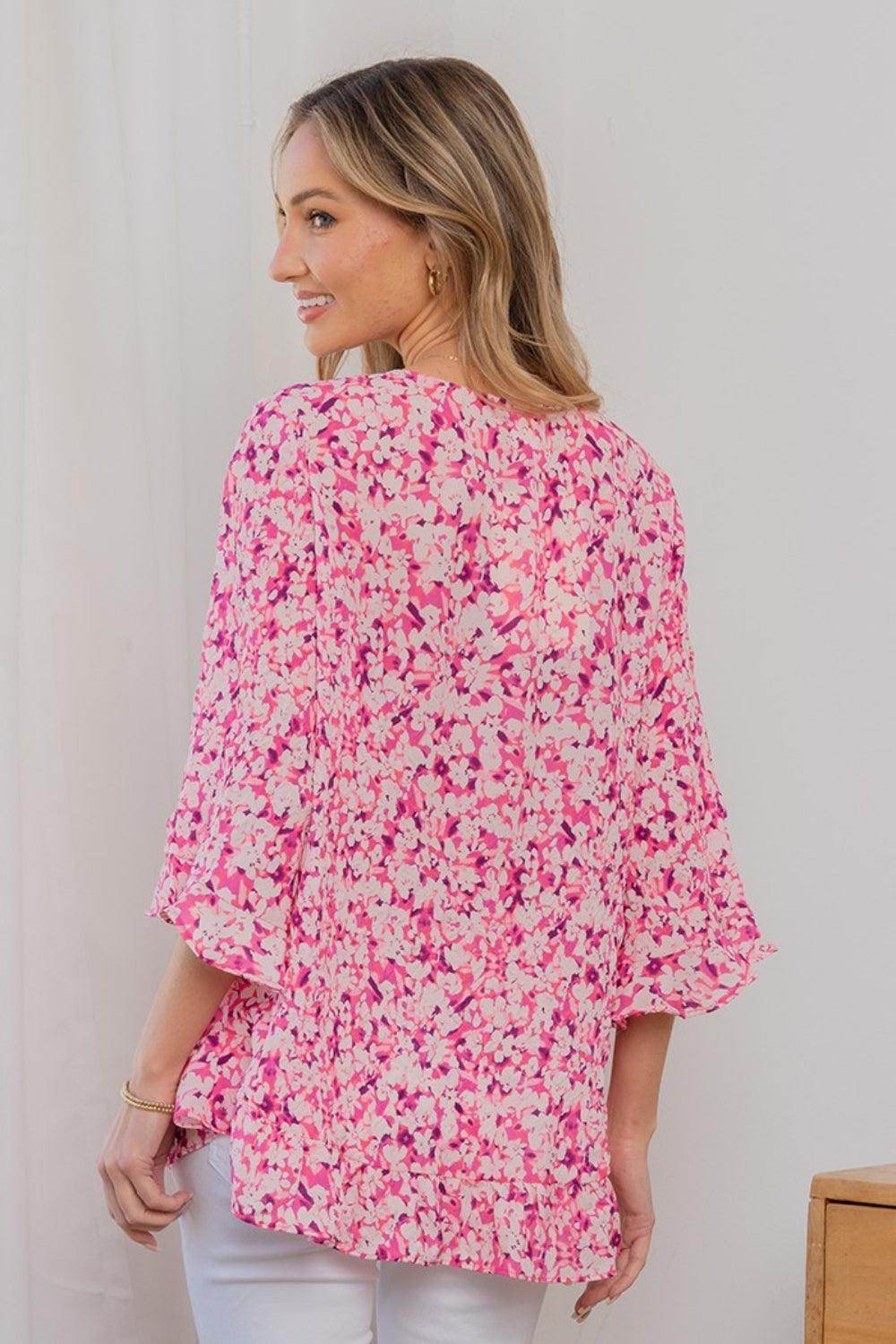 Sew In Love Full Size Floral V-Neck Flounce Sleeve Top - Selvanelle