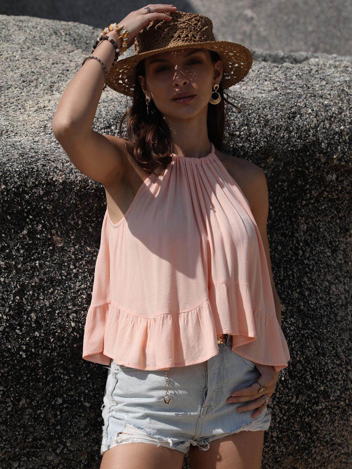 Ruched Peplum Round Neck Tank for Women in Stylish Design - Selvanelle