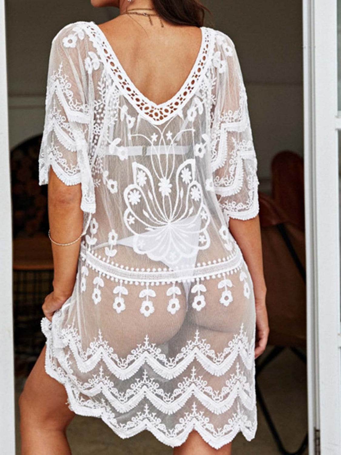Lace Round Neck Half Sleeve Cover-Up - Selvanelle