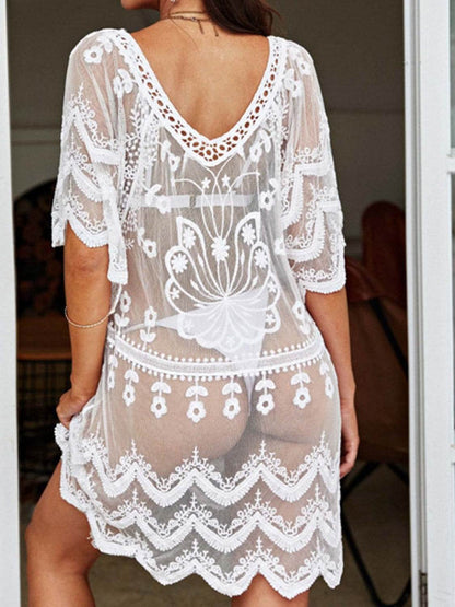 Lace Round Neck Half Sleeve Cover-Up - Selvanelle