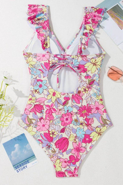 Floral Ruffle Trim Tummy Control One Piece Swimsuit - Selvanelle