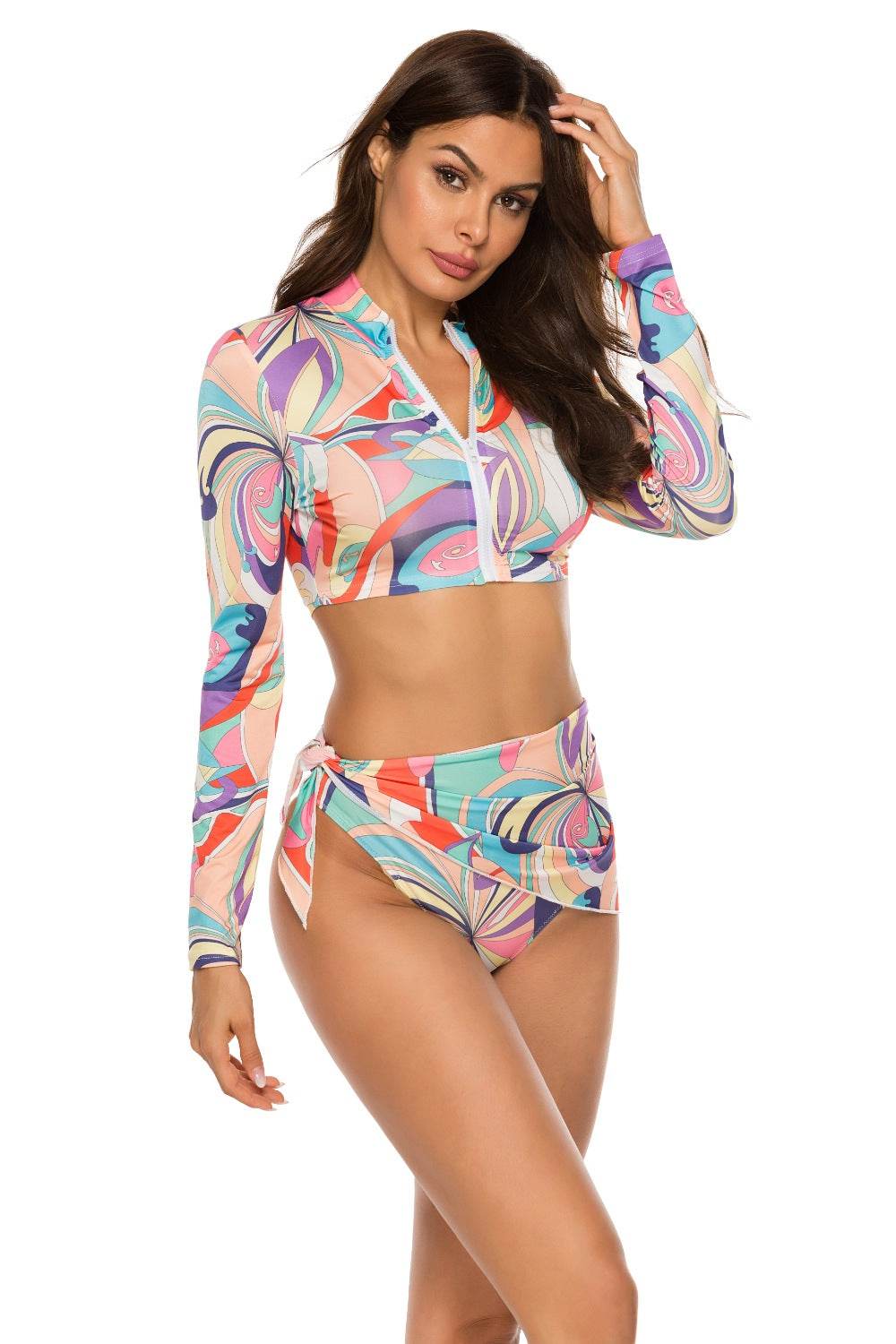 Printed Zip Up Three-Piece Swim Set - Selvanelle