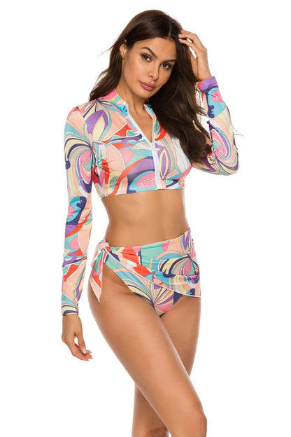 Printed Zip Up Three-Piece Swim Set - Selvanelle