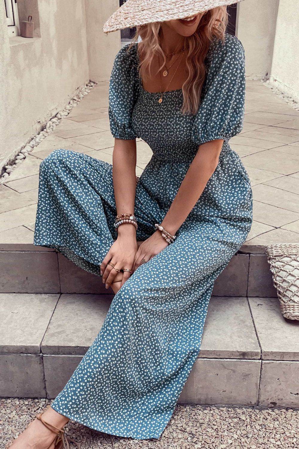 Perfee Printed Square Neck Jumpsuit with Pockets - Selvanelle
