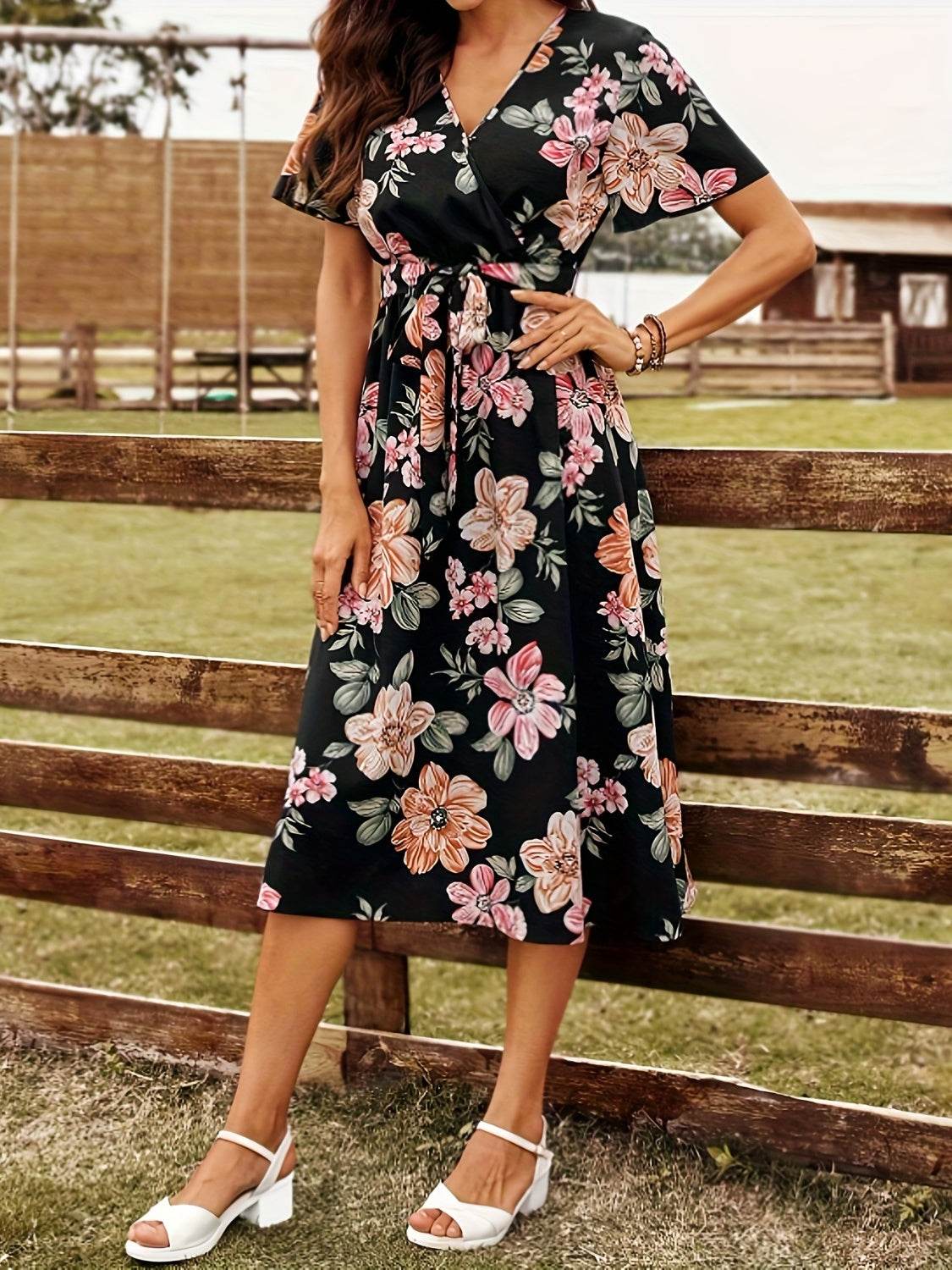 Tied Floral Surplice Short Sleeve Dress - Selvanelle