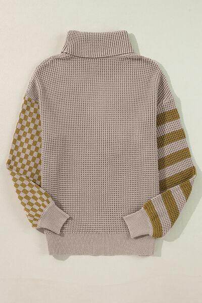 Striped & Checkered Turtleneck Dropped Shoulder Sweater - Selvanelle