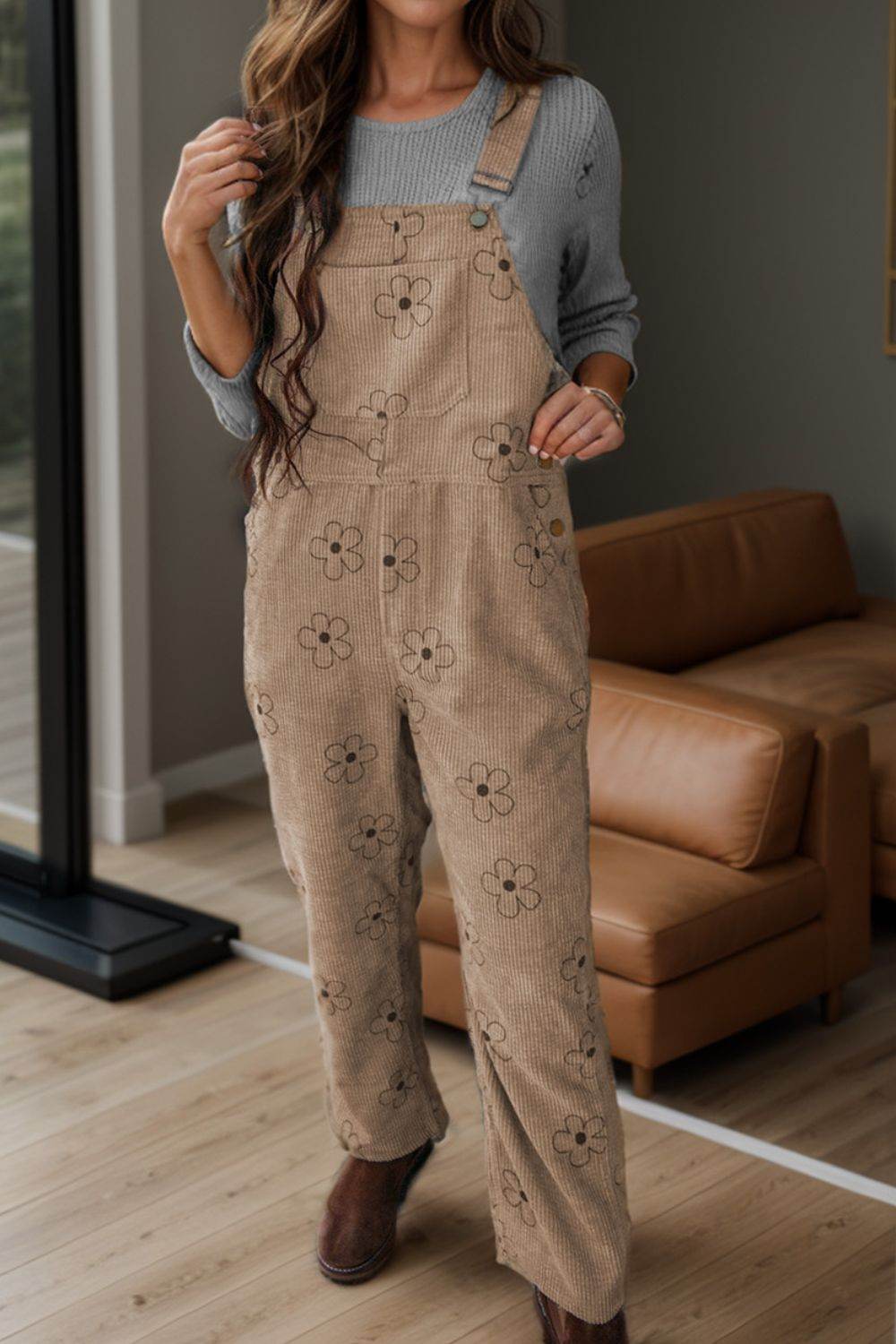 Flower Wide Strap Overalls with Pockets - Selvanelle