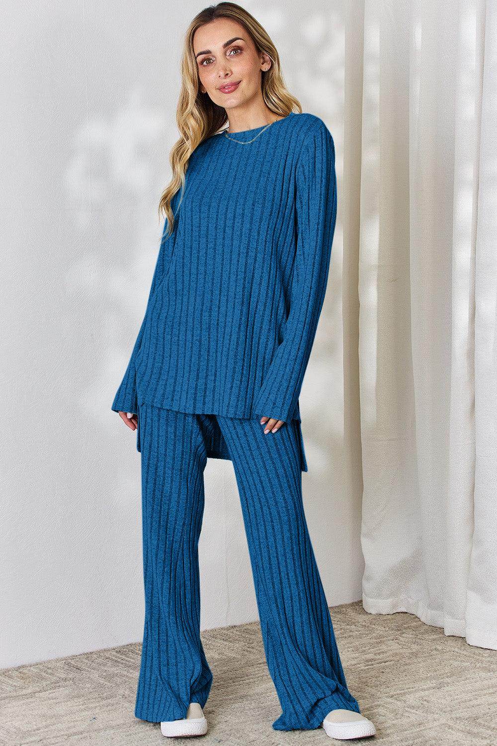 Basic Bae Full Size Ribbed High-Low Top and Wide Leg Pants Set - Selvanelle