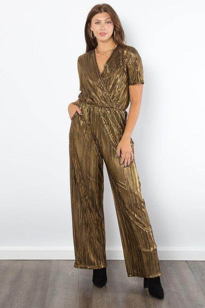 Be Stage Surplice Short Sleeve Pleated Foil Jumpsuit - Selvanelle