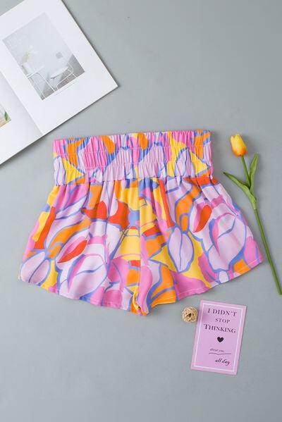 Contrast Print Elastic Waist High Waist Shorts for Women - Selvanelle