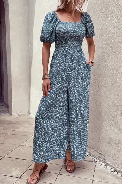 Perfee Printed Square Neck Jumpsuit with Pockets - Selvanelle