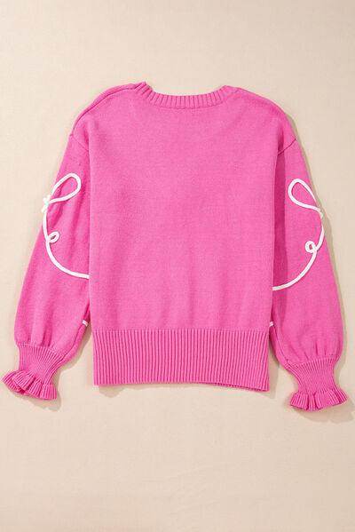 Bow Round Neck Dropped Shoulder Sweater for Women - Selvanelle