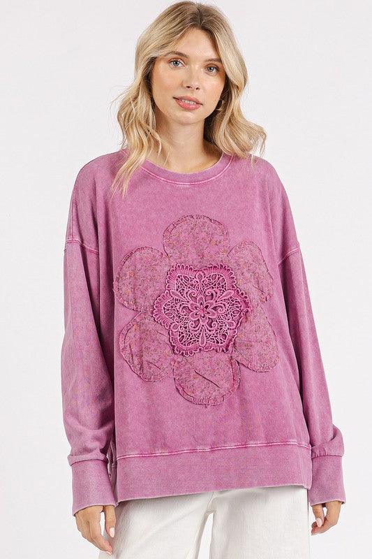 Mittoshop Flower Patch Side Slit Mineral Wash Sweatshirt