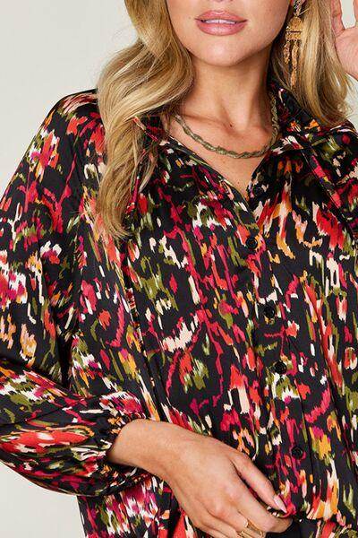 Double Take Full Size Printed Button Up Long Sleeve Shirt - Selvanelle