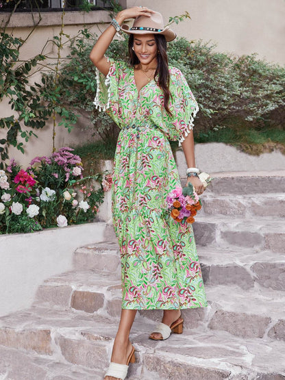 Smocked Floral V-Neck Short Sleeve Dress - Selvanelle