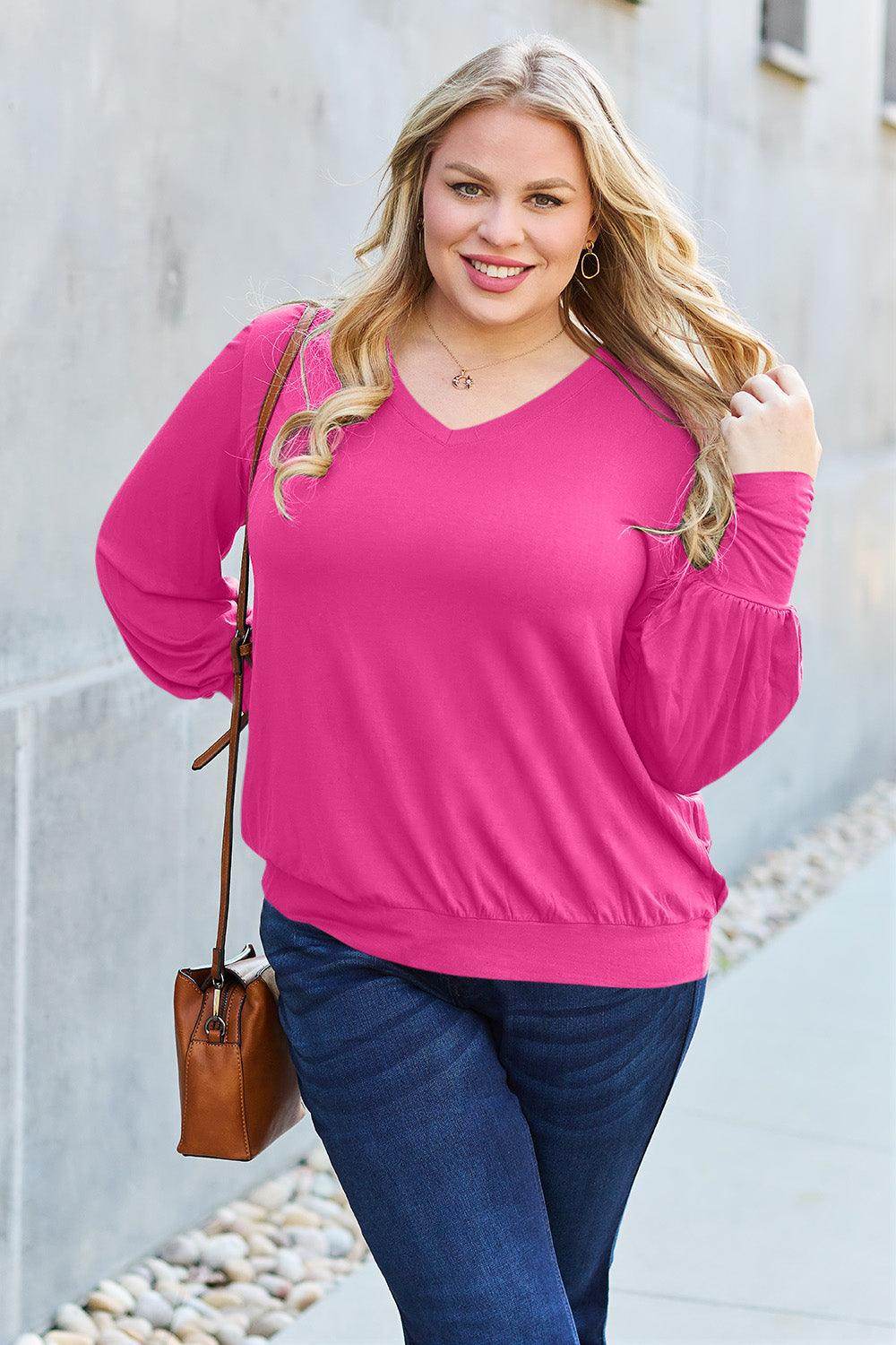 Basic Bae Full Size V-Neck Lantern Sleeve Top for Women - Selvanelle