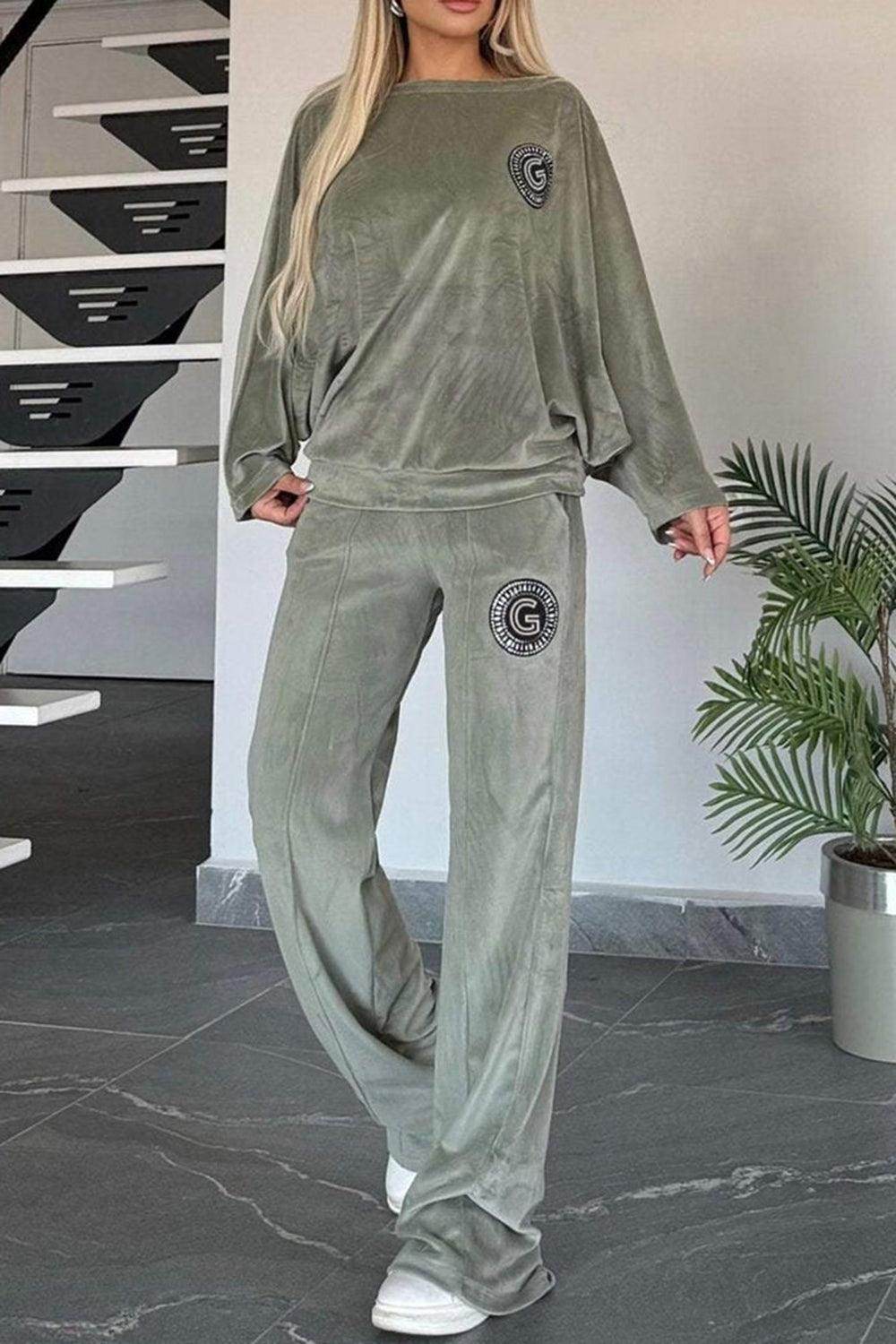 Full Size Boat Neck Long Sleeve Top and Pants Set Outfit - Selvanelle