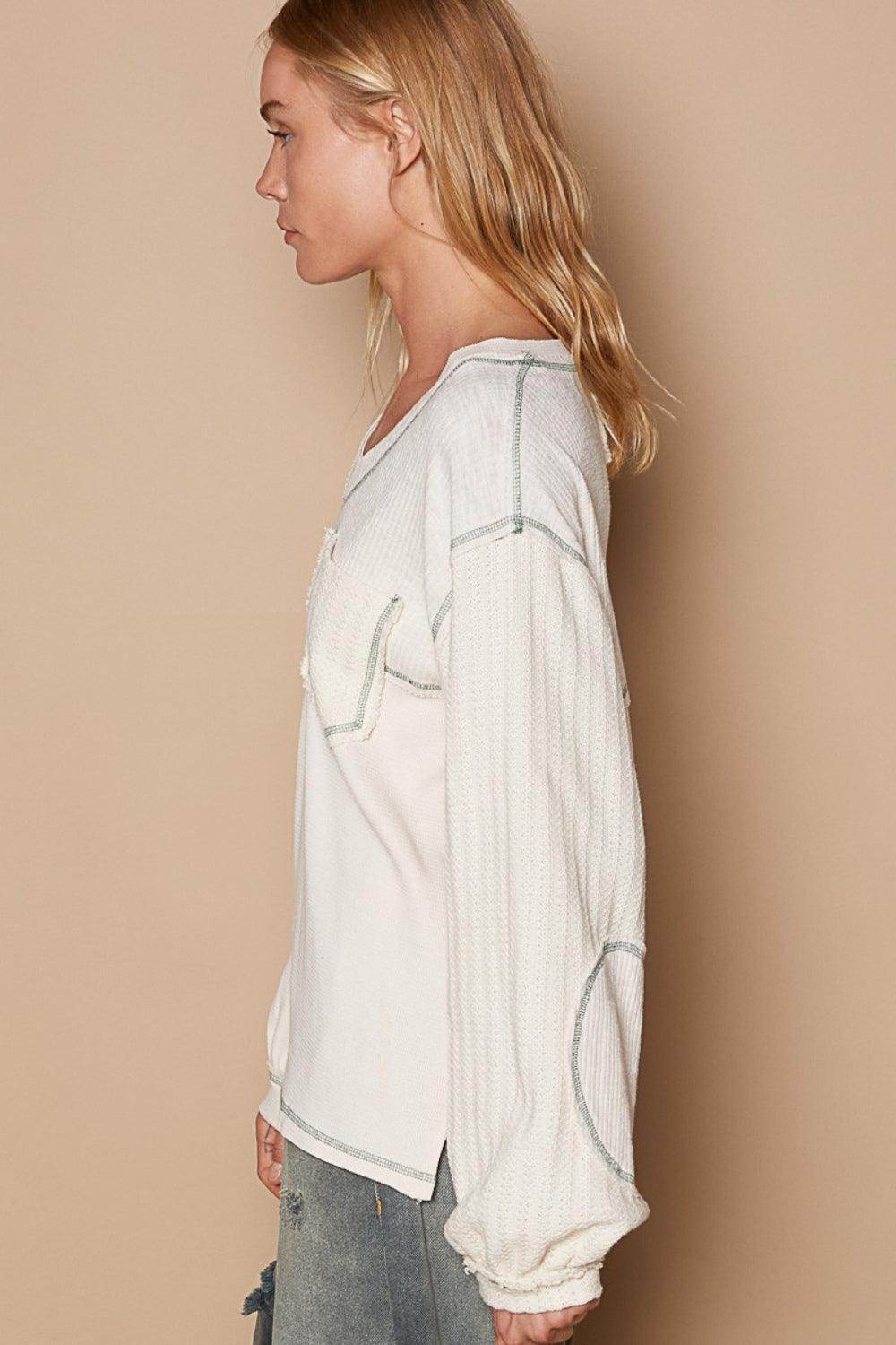 POL V-Neck Knit Panel Exposed Seam Top for Stylish Wear - Selvanelle
