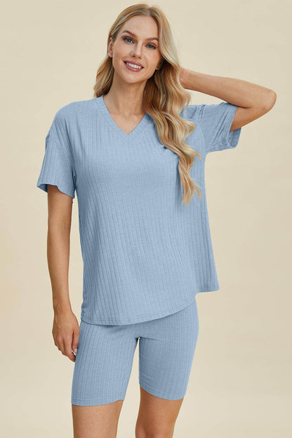 Basic Bae Full Size Ribbed V-Neck Top and Shorts Set For Women - Selvanelle