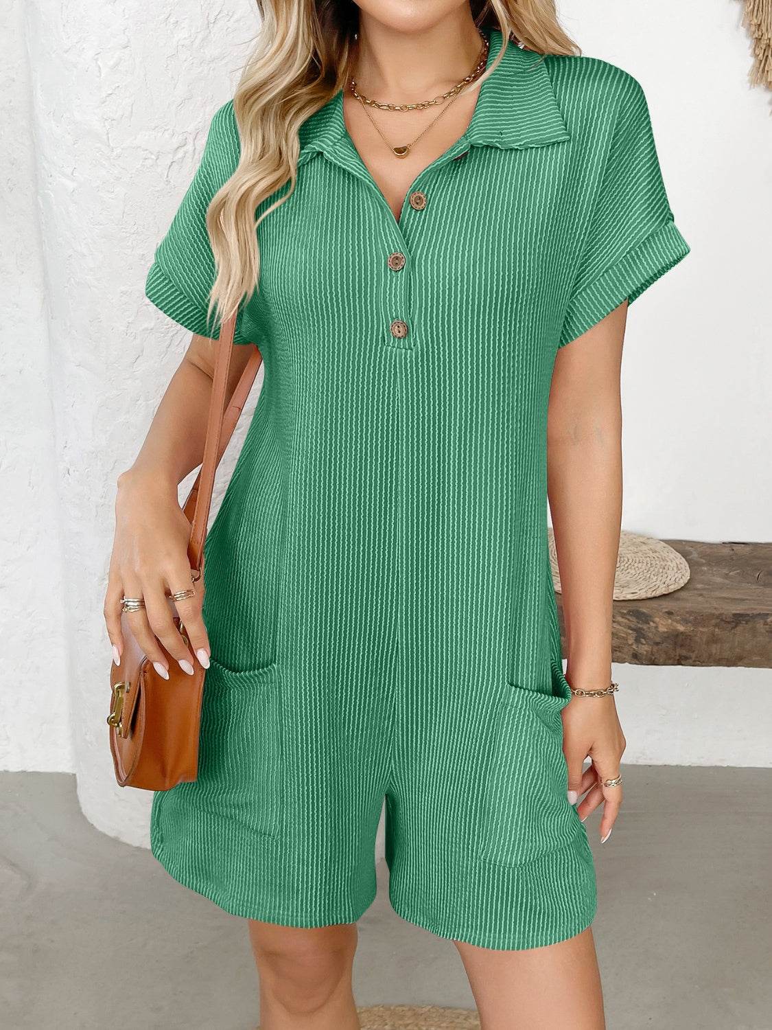 Button Detail Collared Neck Short Sleeve Romper - Selvanelle