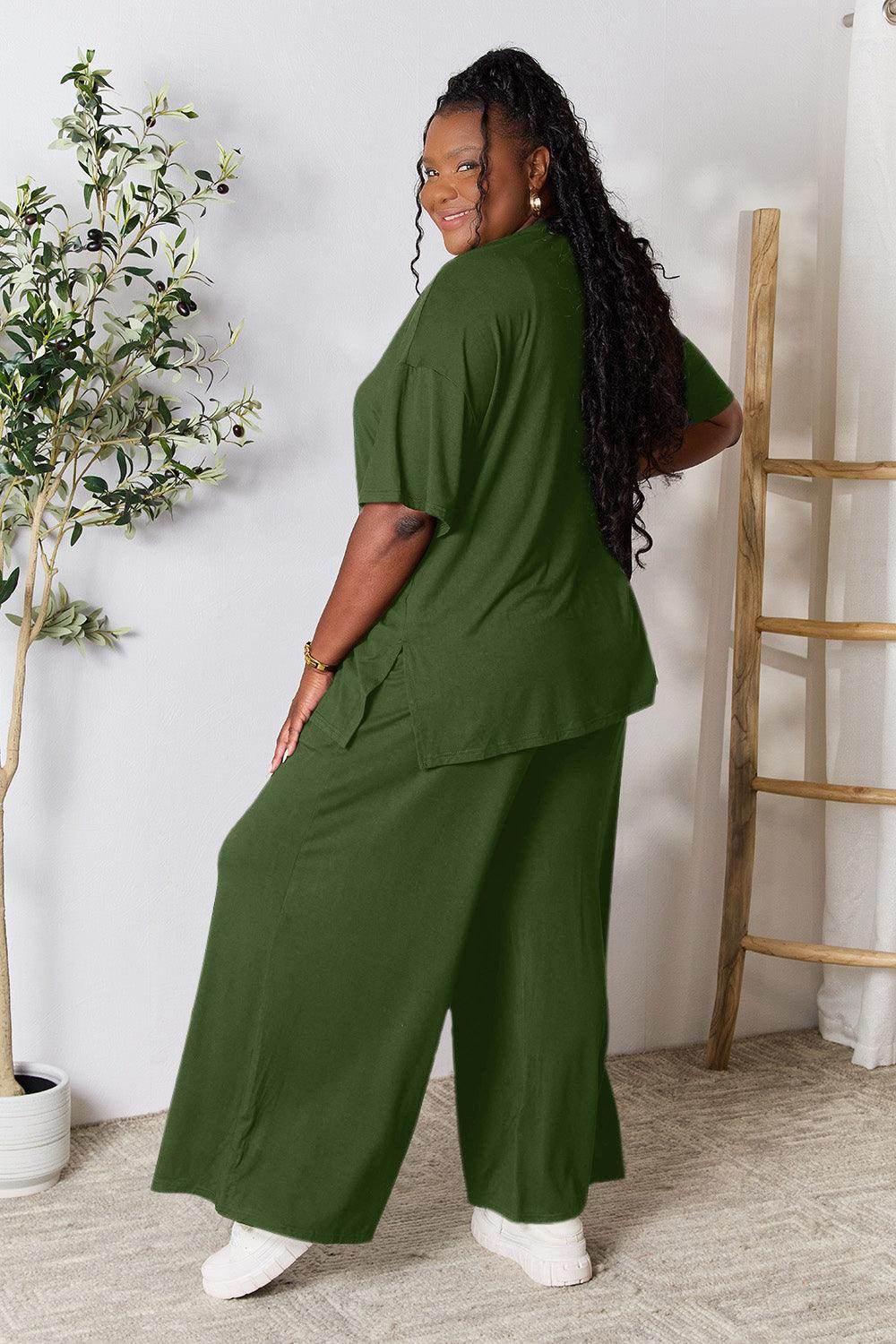 Double Take Full Size Round Neck Slit Top and Pants Set - Selvanelle