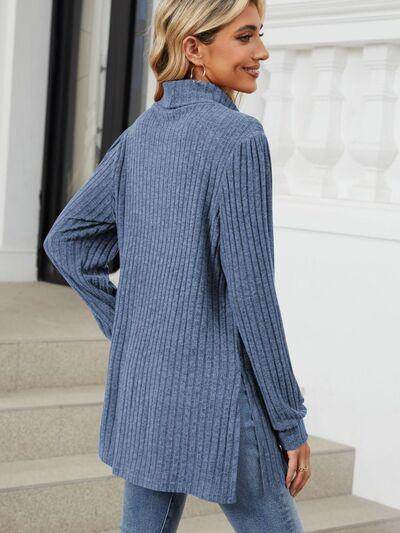 Slit Mock Neck Long Sleeve T-Shirt for Women with Pocket - Selvanelle