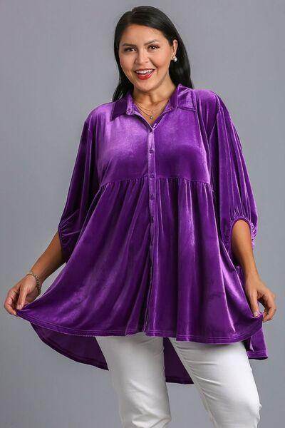 Umgee Full Size Button Down Tiered Back High Low Shirt - Selvanelle