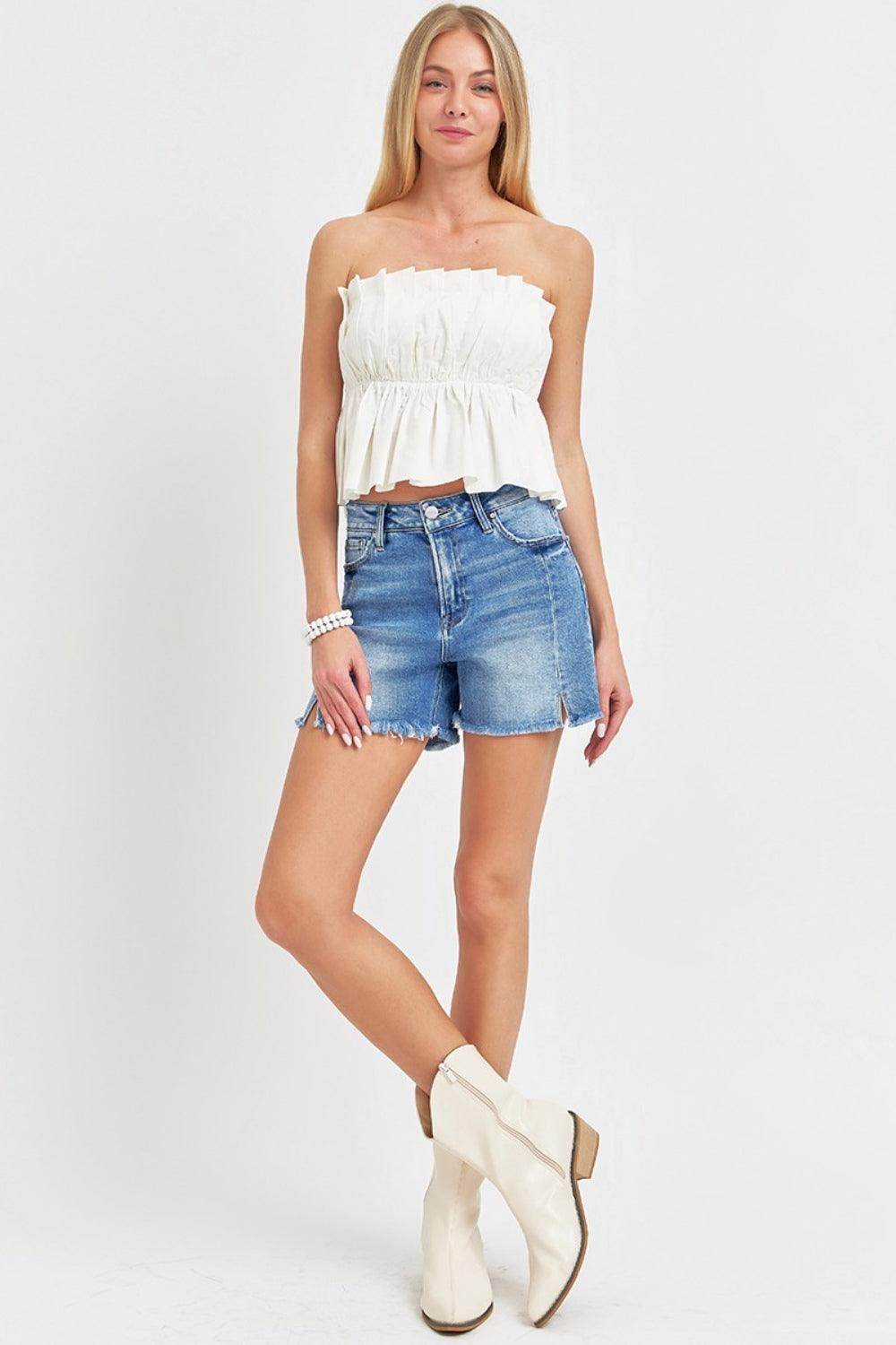 RISEN Front Slit Raw Hem Denim Shorts for Trendy Summer Style - Selvanelle