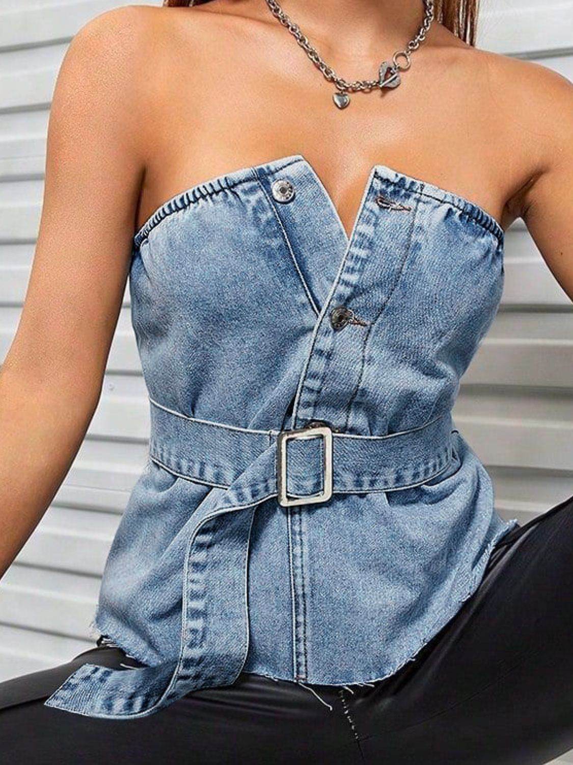 Frayed Hem Button Detail Tube Top - Selvanelle