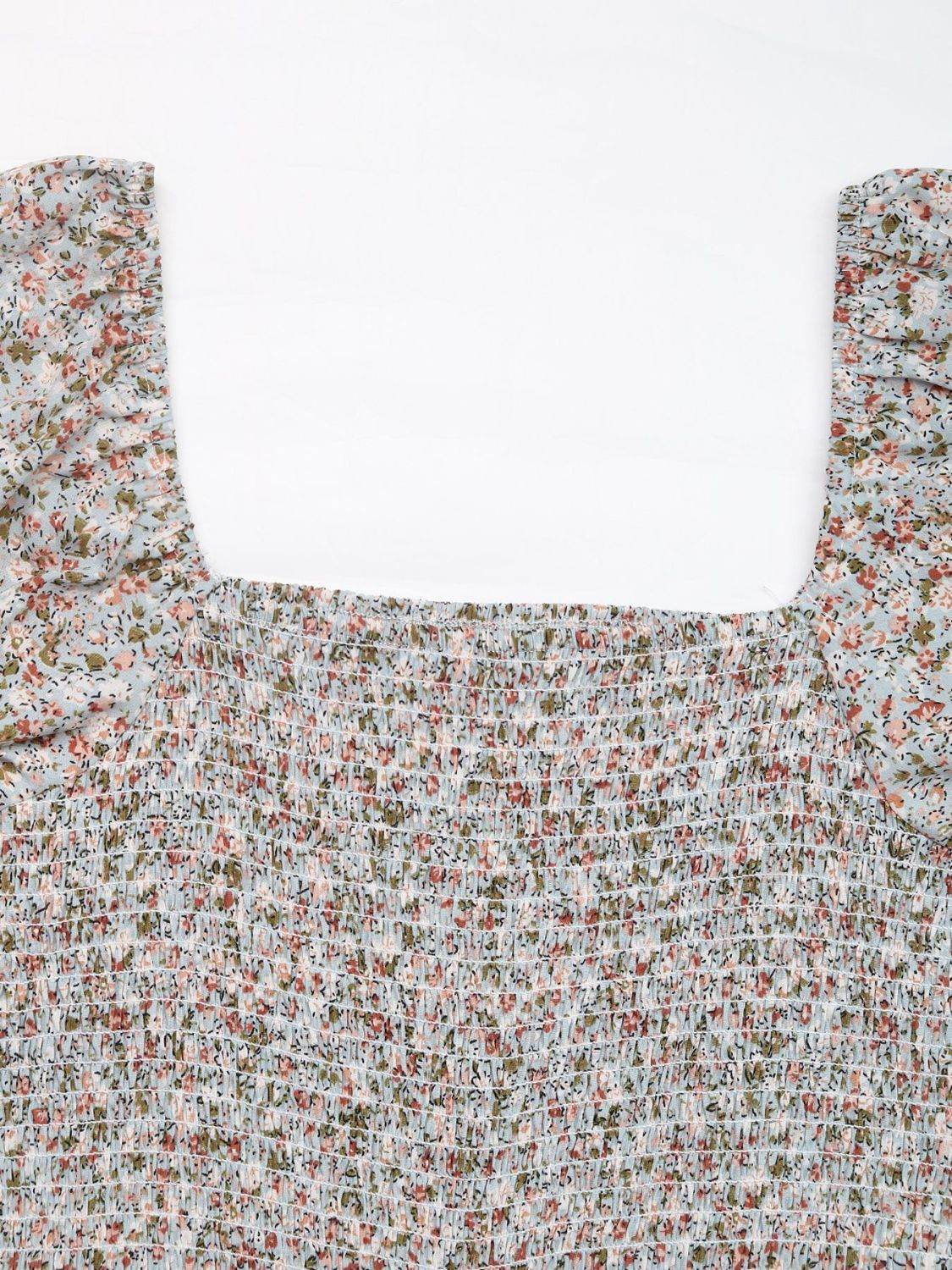 Perfee Ditsy Floral Smocked Square Neck Puff Sleeve Jumpsuit - Selvanelle