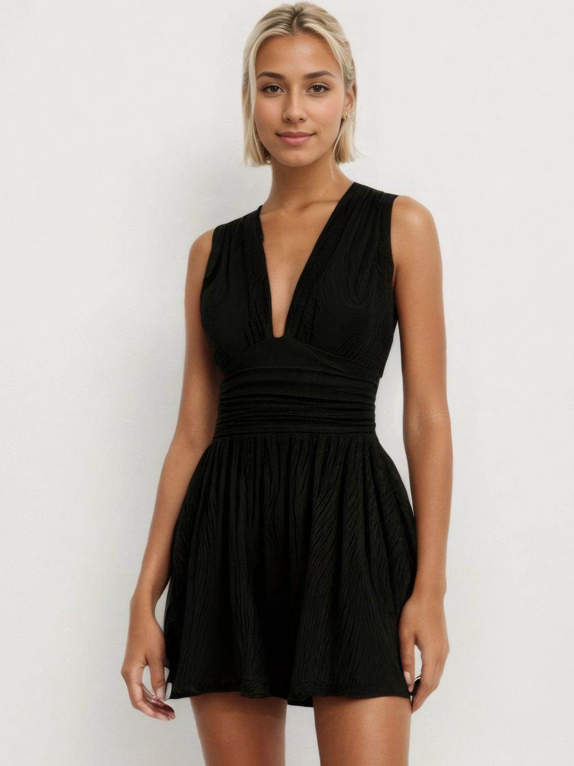Ruched Plunge Sleeveless Romper - Selvanelle