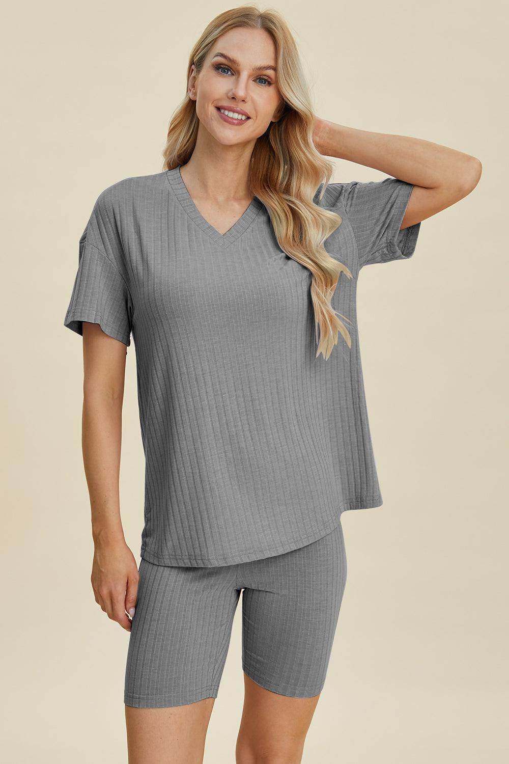 Basic Bae Full Size Ribbed V-Neck Top and Shorts Set For Women - Selvanelle