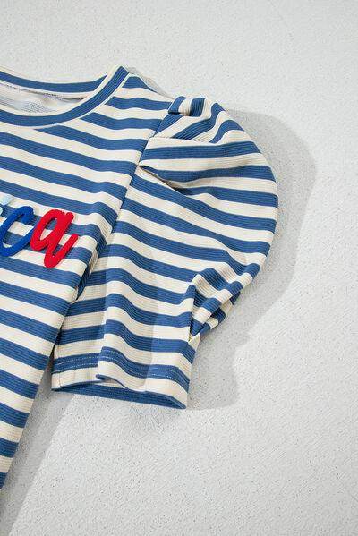 AMERICA Striped Round Neck Puff Sleeve Top for Women - Selvanelle