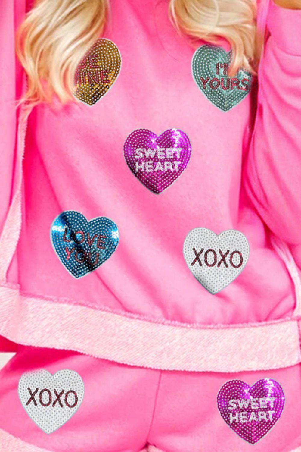 Sequin Heart Round Neck Top and Shorts Set for Women - Selvanelle