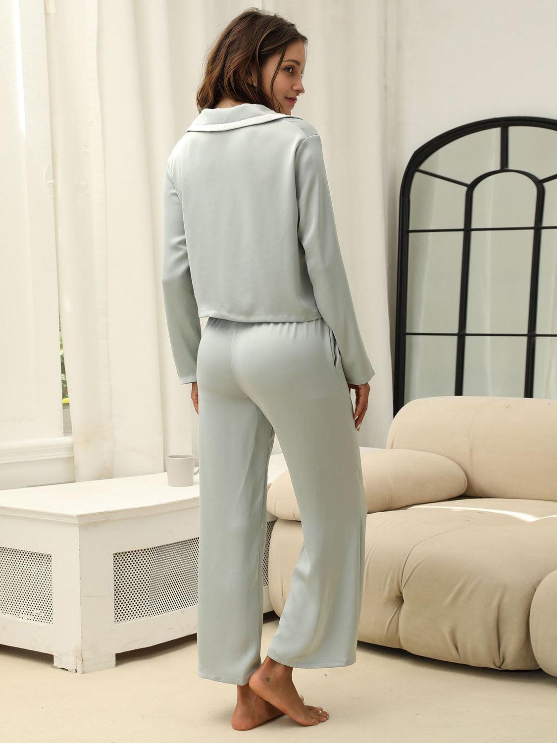 Collared Neck Long Sleeve Top and Pants Lounge Set for Women