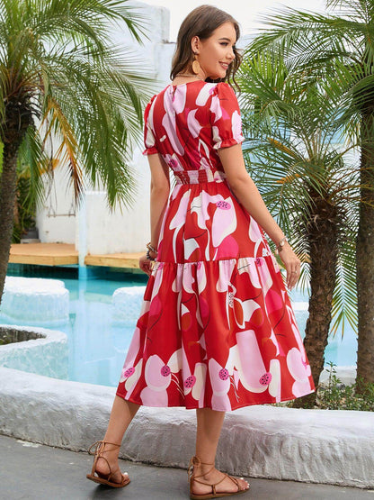 Printed Round Neck Flounce Sleeve Midi Dress for Women - Selvanelle