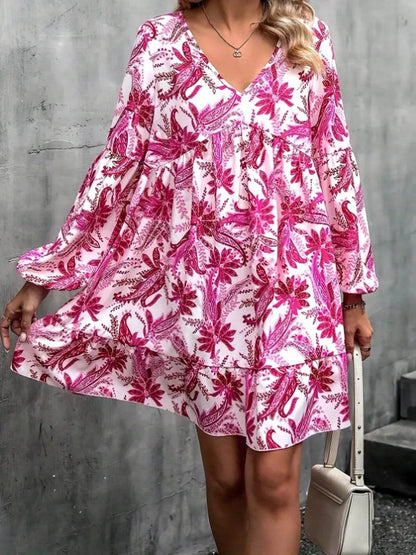 Floral V-Neck Balloon Sleeve Dress - Selvanelle