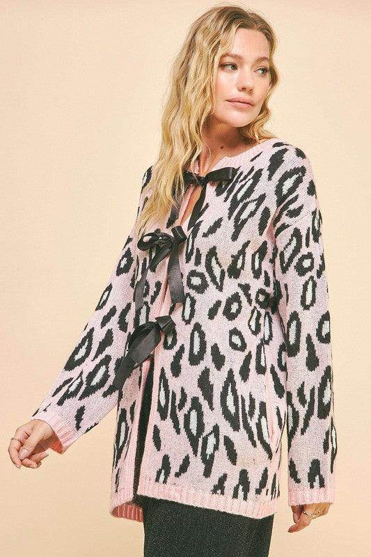Davi & Dani Leopard Ribbon Tie Front Loose Fit Cardigan - Selvanelle