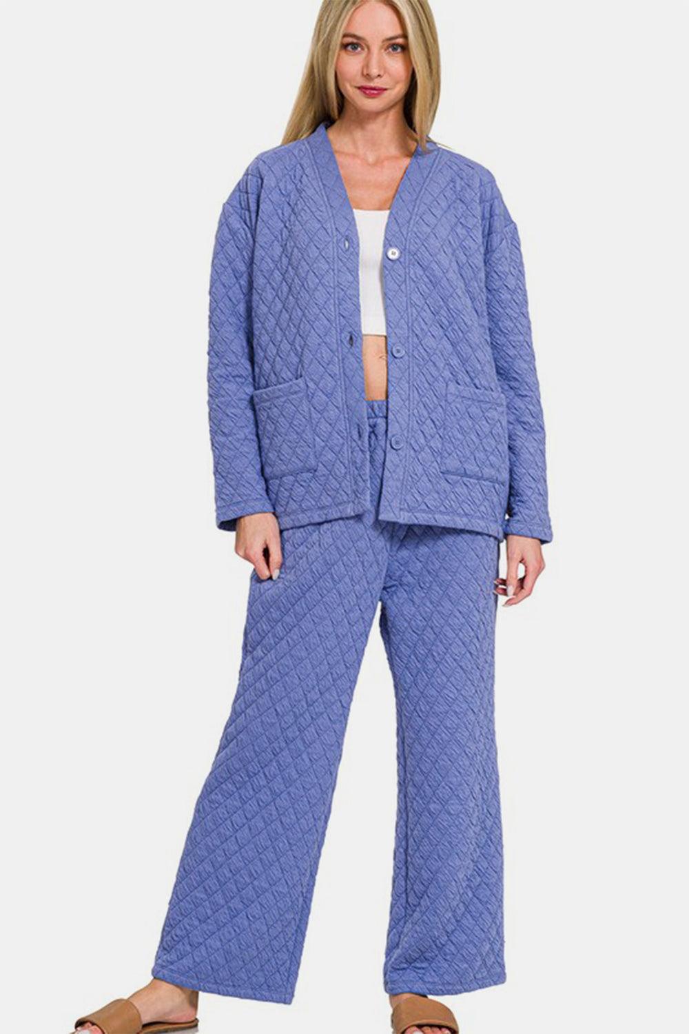 Zenana Quilted Button Up Long Sleeve Top And Pants Lounge Set