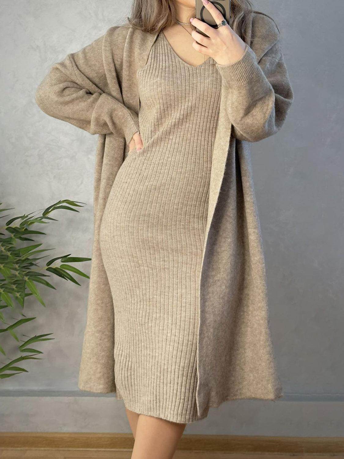V-Neck Cami Dress and Open Front Cardigan Sweater Set - Selvanelle