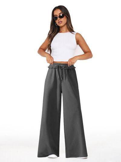 High Waist Wide Leg Pants with Pockets and Frill Detail - Selvanelle