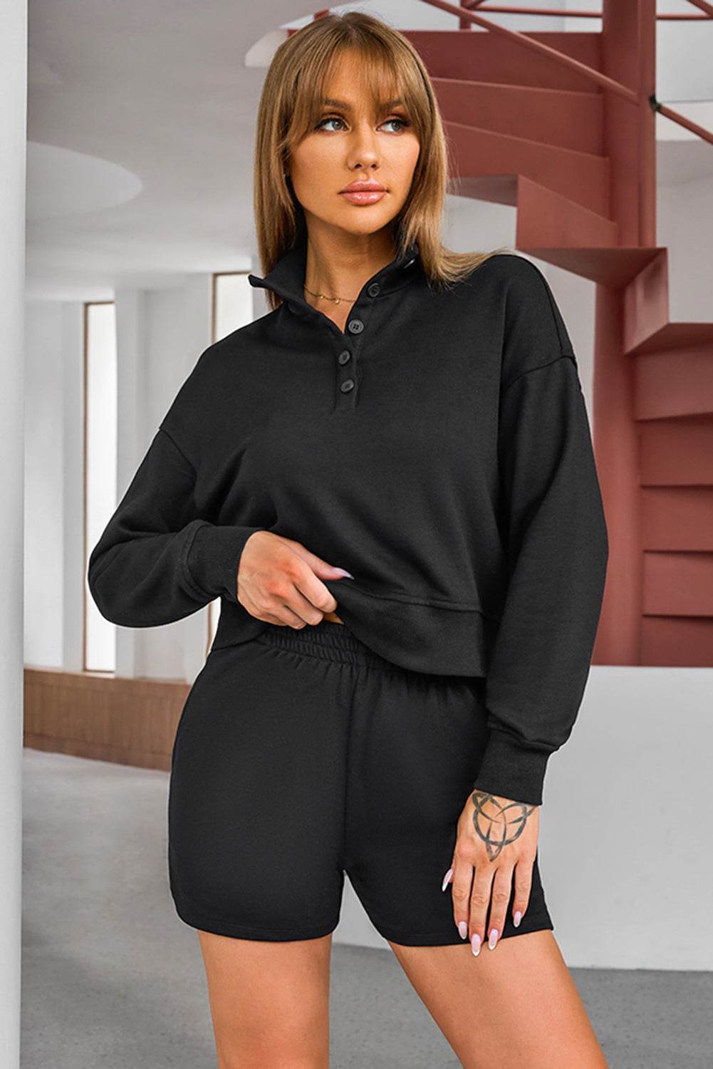 Half Button Sweatshirt and Shorts Active Set - Selvanelle