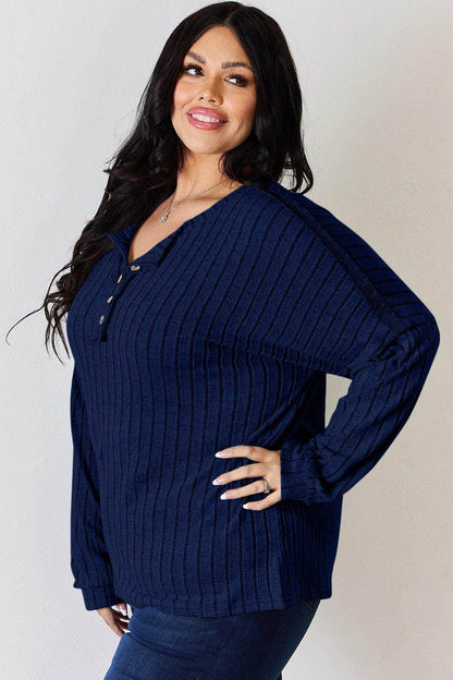 Basic Bae Full Size Ribbed Half Button Long Sleeve T-Shirt - Selvanelle