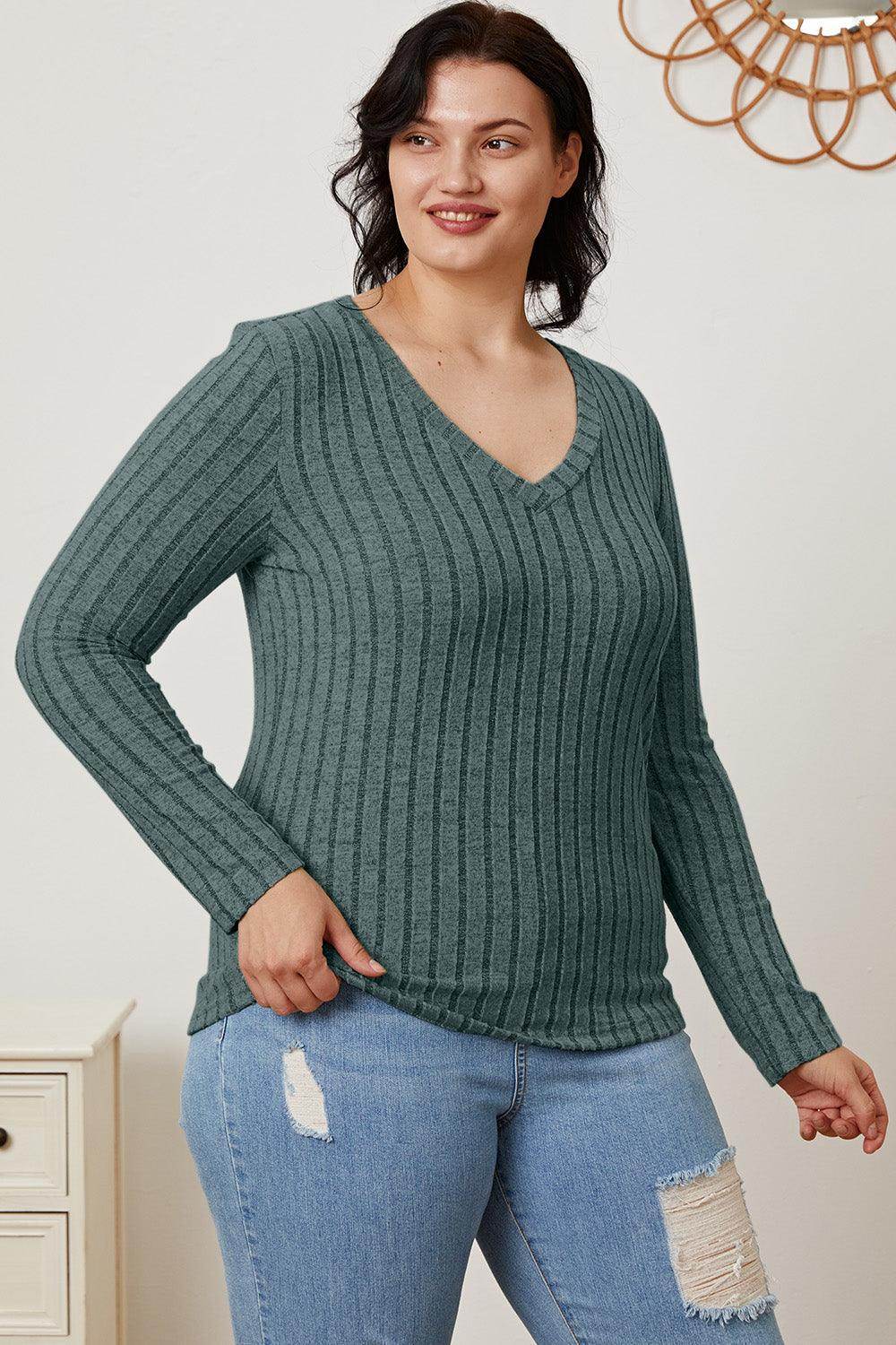 Basic Bae Full Size Ribbed V-Neck Long Sleeve T-Shirt - Selvanelle