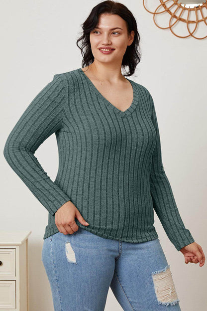 Basic Bae Full Size Ribbed V-Neck Long Sleeve T-Shirt - Selvanelle